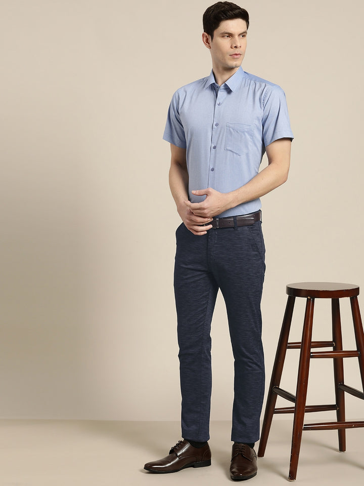 Men Navy Solids Cotton Elastene Slim Fit Formal Trouser