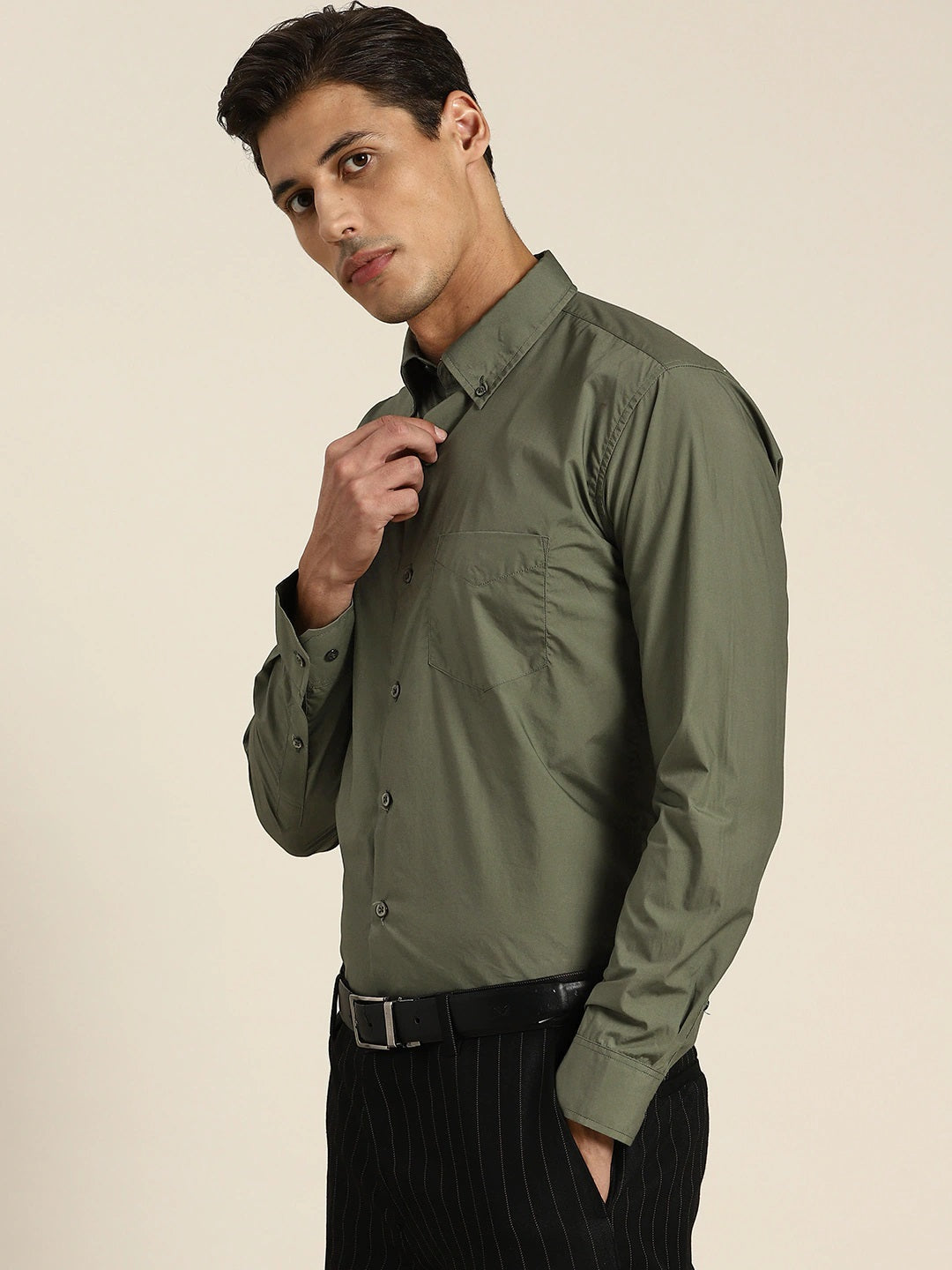 Men Dark Green Solids Pure Cotton Slim Fit Formal Shirt