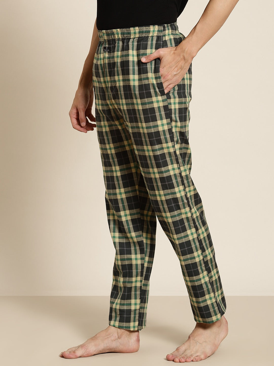 Men White-Green Checks Pure Cotton Relaxed Fit Casual Lounge Pant