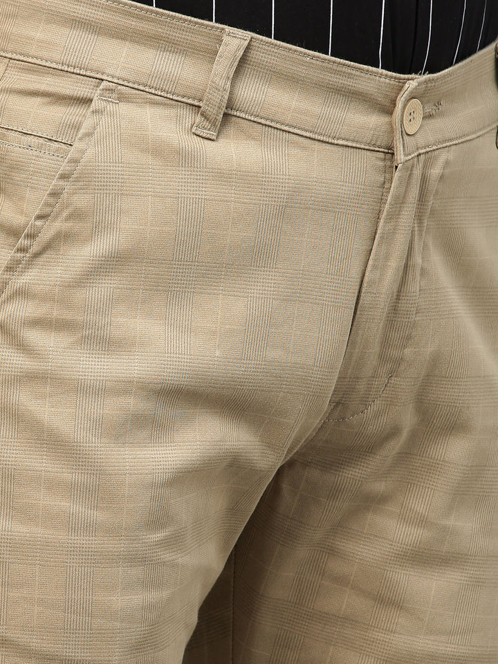 Men Beige Cotton Checked Slim Fit Casual Trouser