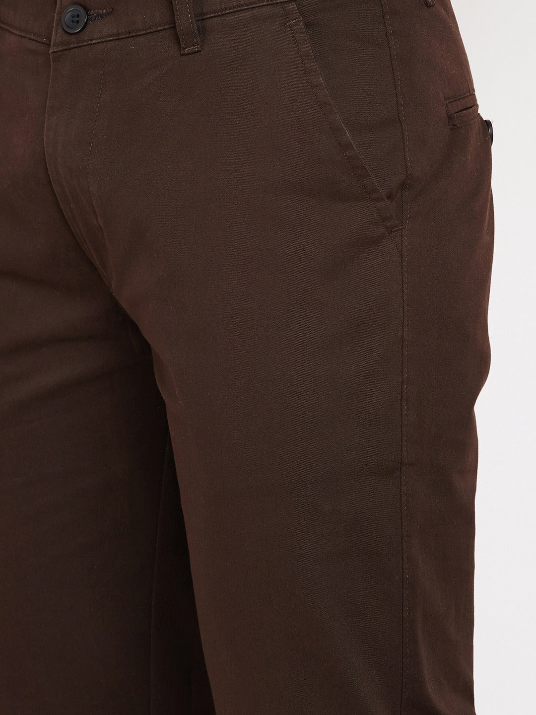 Men Brown Self Design Solid Stretchable Mid Rise Slim Fit Chinos Trouser