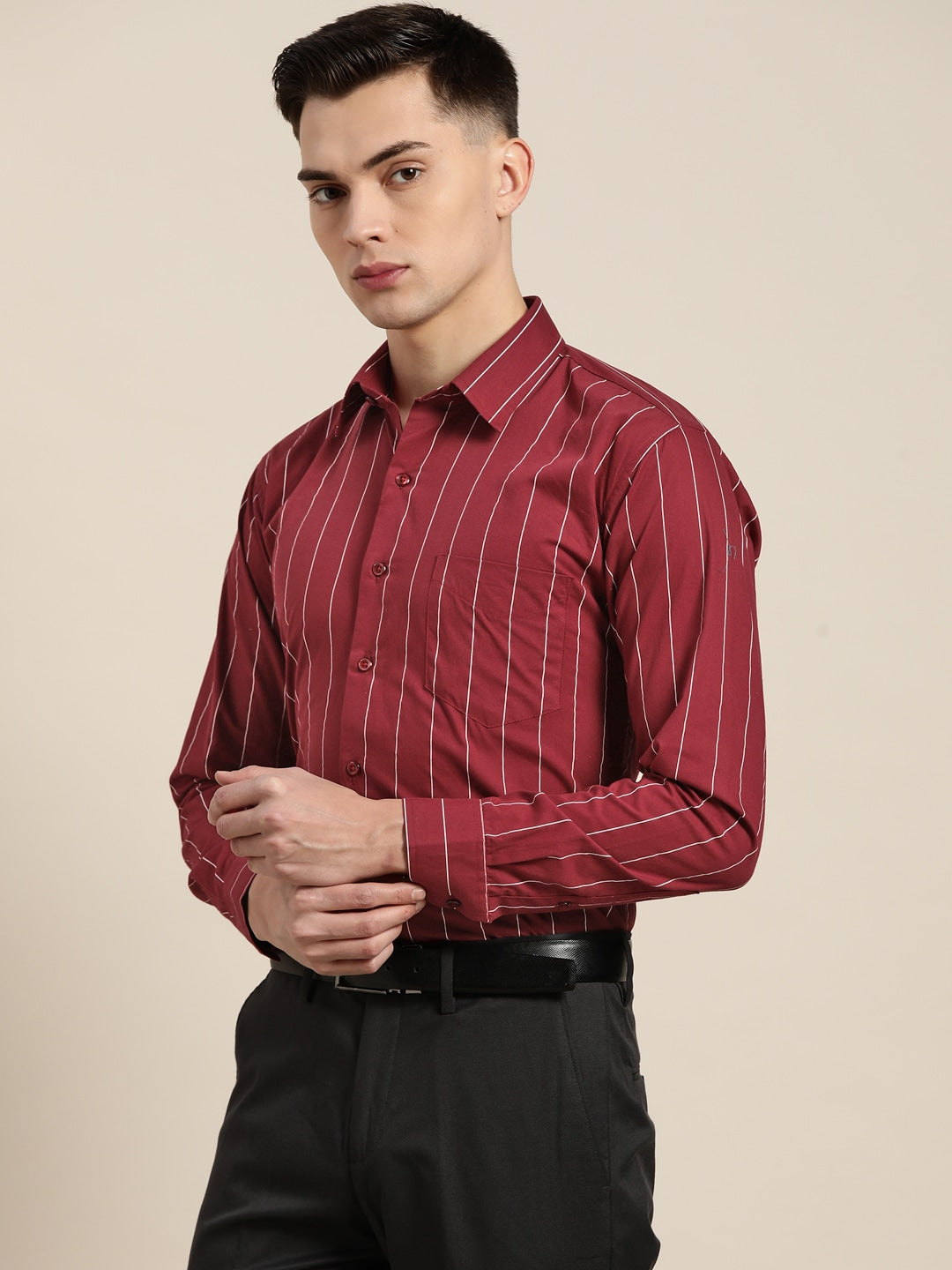 Men Maroon Stripes Pure Cotton Slim Fit Formal Shirt