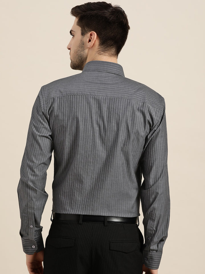 Men Grey Stripes Pure Cotton Slim Fit Formal Shirt
