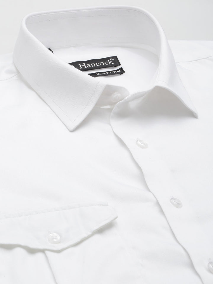 Men White Solid Double Pocket Double Flap Pure Cotton Slim Fit Formal Shirt