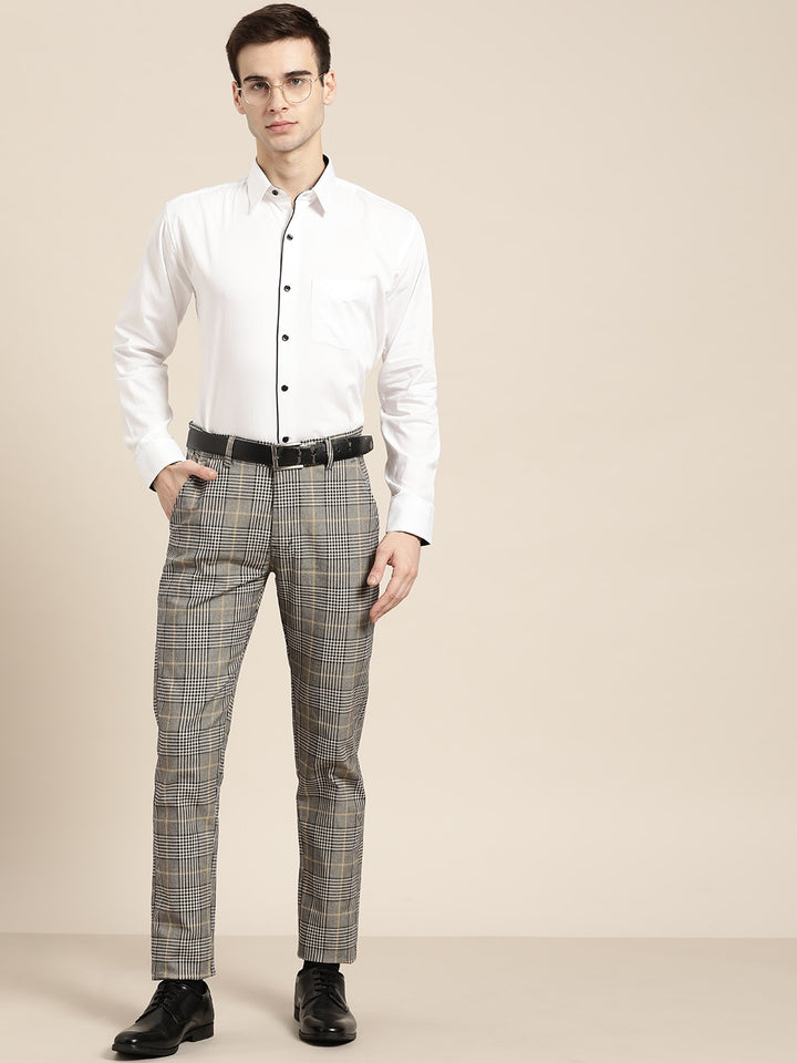 Men Grey Checks Cotton Elastene Slim Fit Formal Trouser