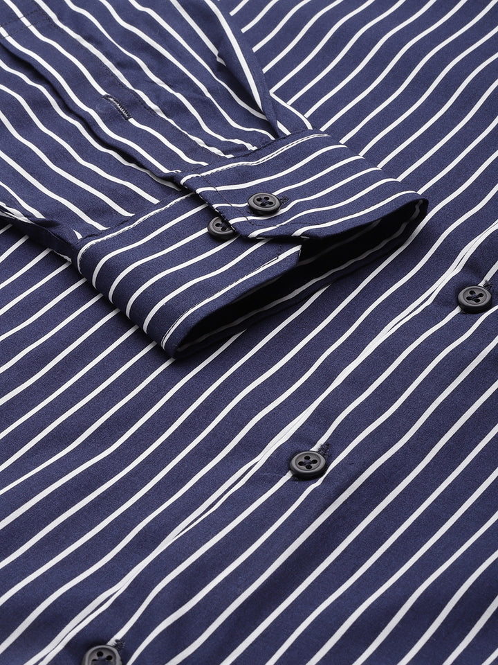 Men Navy Stripes Pure Cotton Slim Fit Formal Shirt