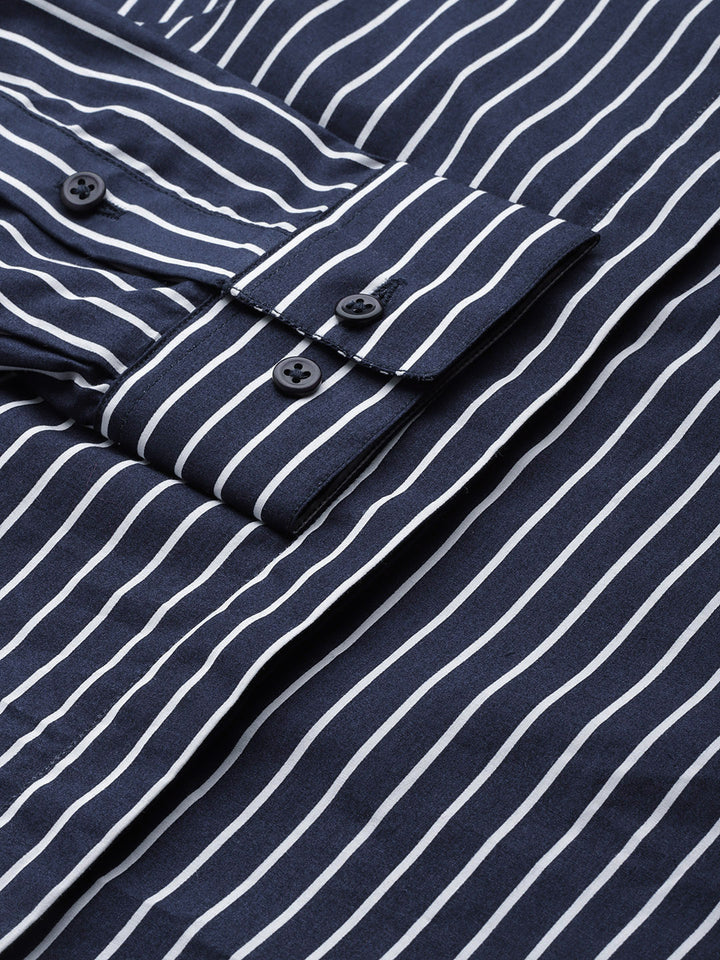 Women Navy Stripes Pure Cotton Slim Fit Formal Shirt