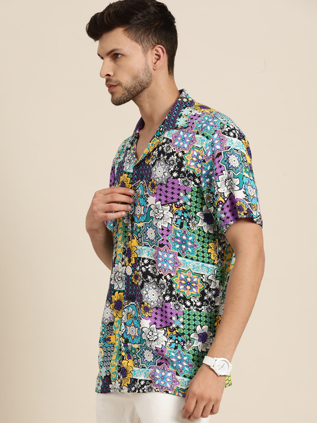 Men Blue & Purple Printed Viscose Rayon Relaxed Fit Casual Resort shirt