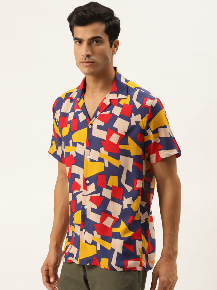 Men Red & Blue Printed Viscose Rayon Relaxed Fit Casual Resort Shirt
