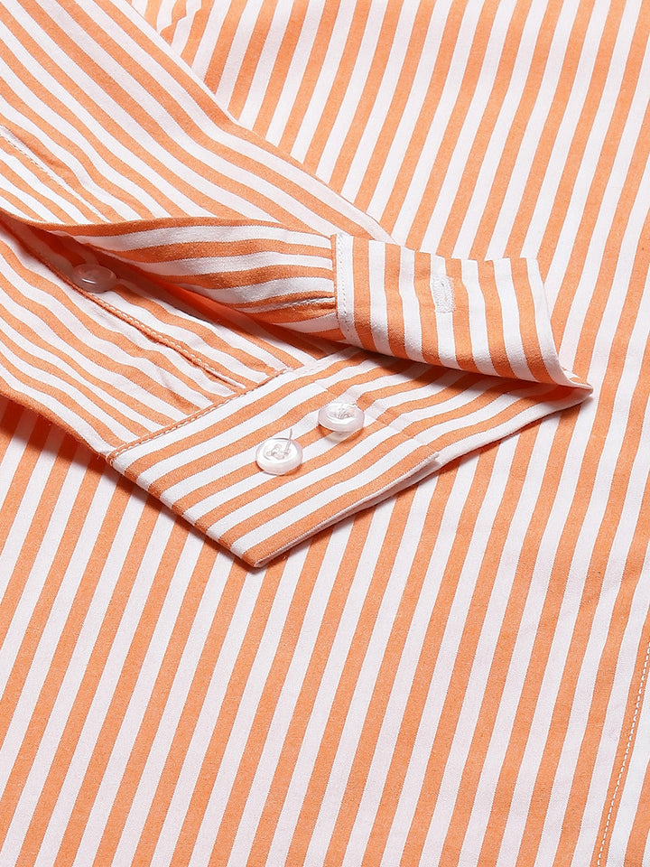 Women Orange & White Stripes Pure Cotton Slim Fit Formal Shirt