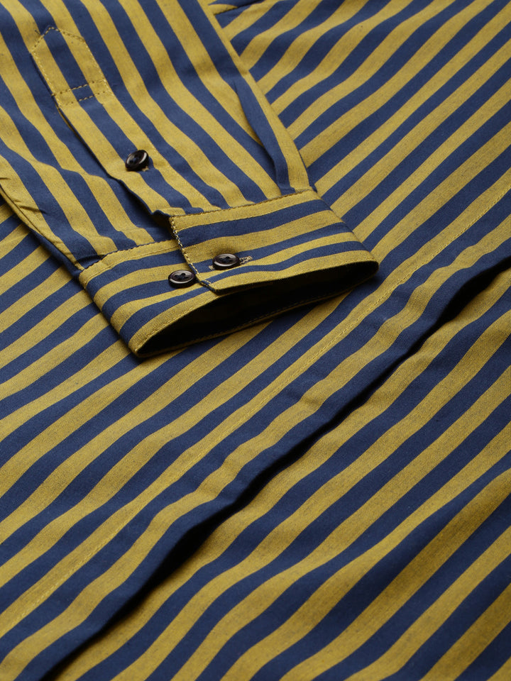 Women Navy & Yellow Striped Pure Cotton Regular Fit Formal Shirt