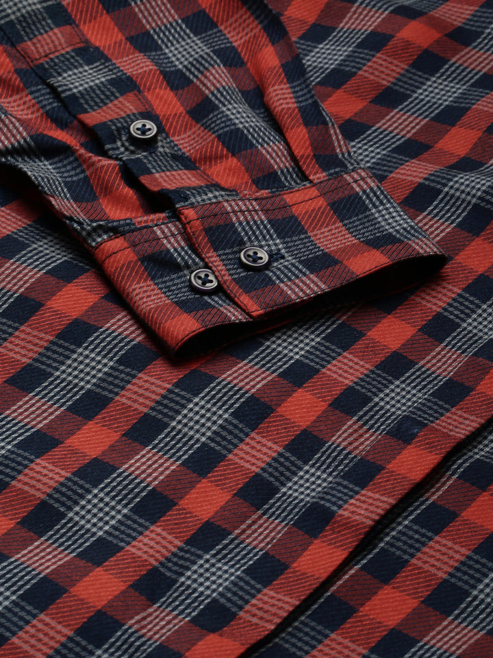 Women Navy & Red Checked Pure Cotton Regular Fit Formal Shirt