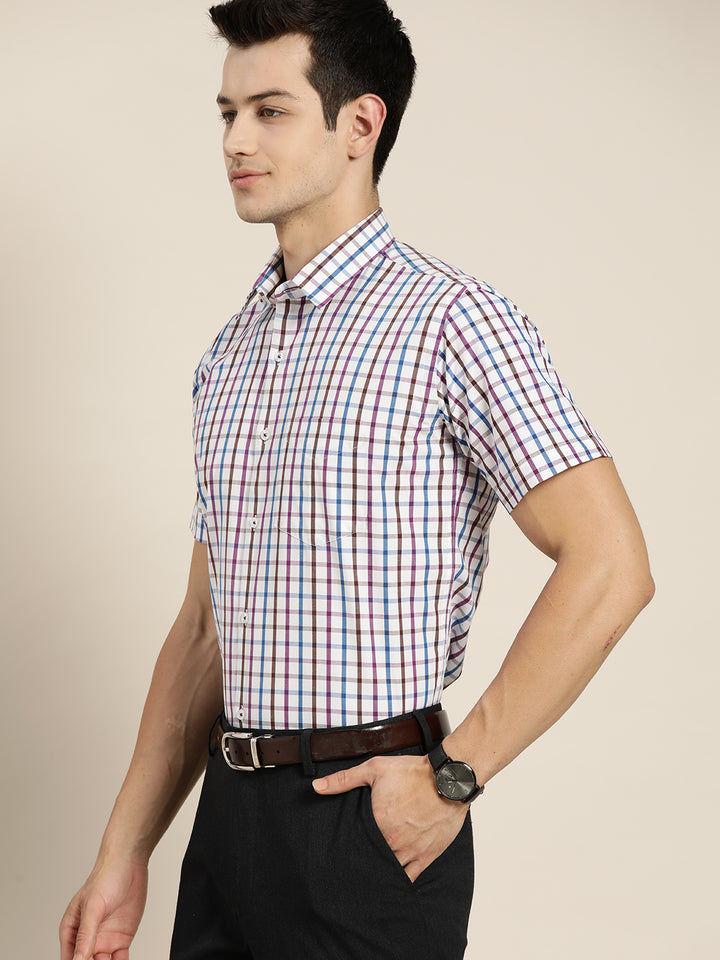 Men White & Blue Checks Pure Cotton Slim Fit Formal Shirt