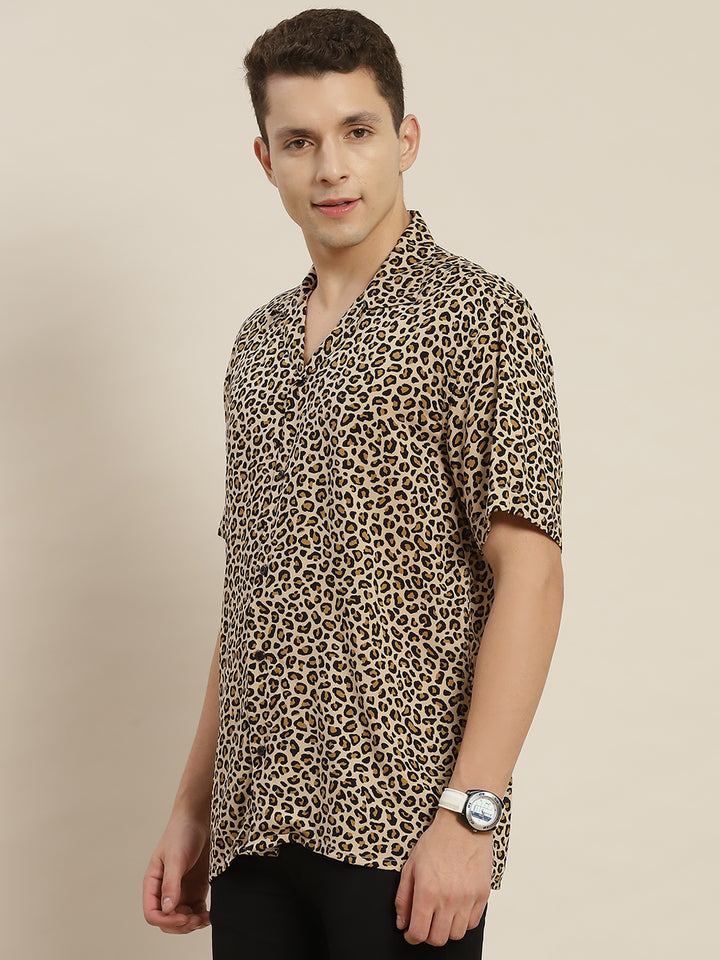 Men Beige & Black Leapord Printed Viscose Rayon Relaxed Fit Casual Resort Shirt