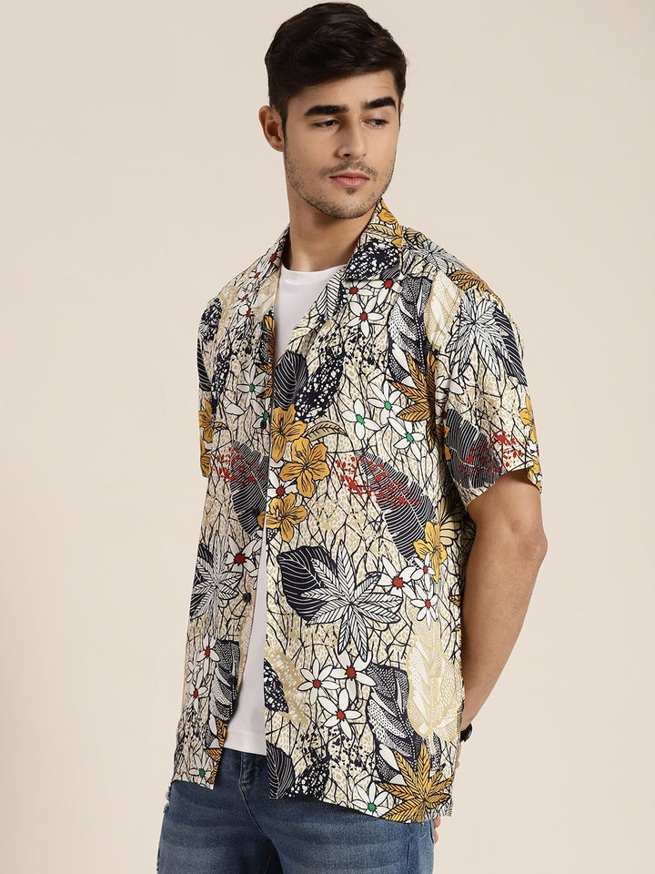 Men Mustard & Navy Printed Viscose Rayon Relaxed Fit Casual Resort Shirt