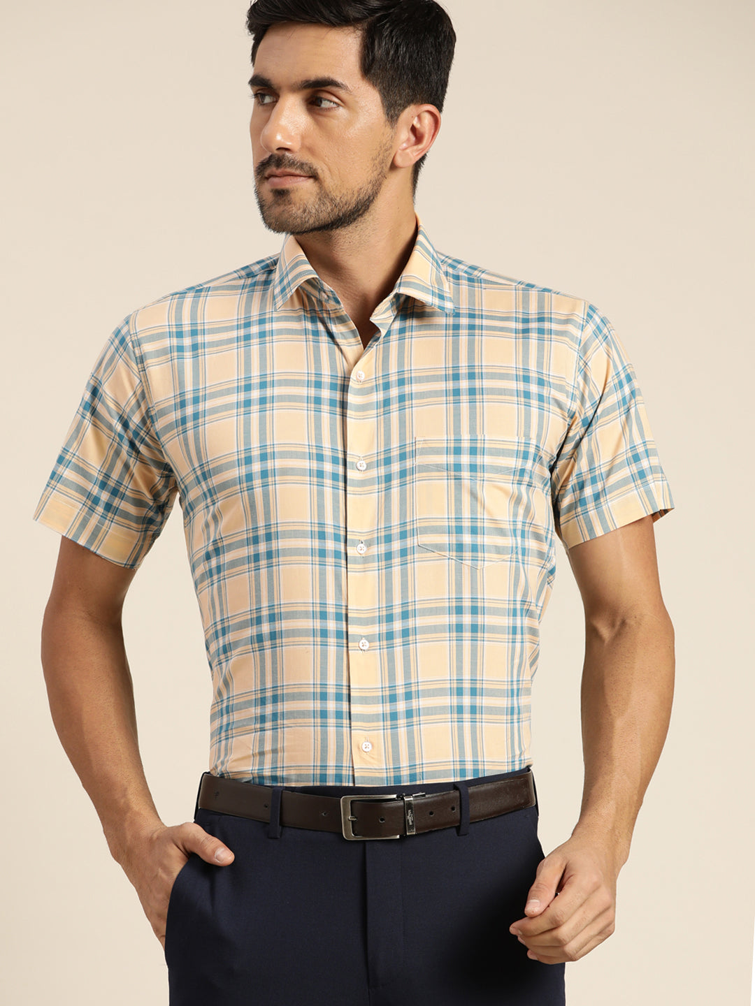 Men Peach & Blue Checked Pure Cotton Slim Fit Formal Shirt