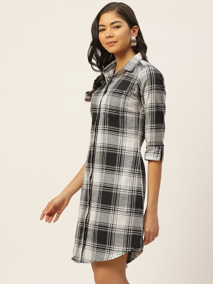 Women Black & White Checks Pure Cotton Regular Fit Formal Dress
