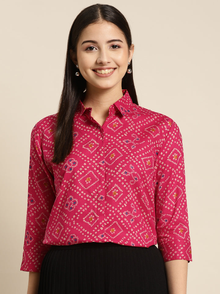 Women Magenta Printed Pure Cotton Regular Fit Formal Shirt