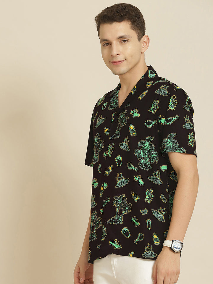 Men Black Printed Viscose Rayon Regular Fit Casual Resort Shirt