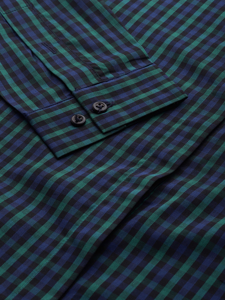 Women Navy & Green Checks Pure Cotton Slim Fit Formal Shirt