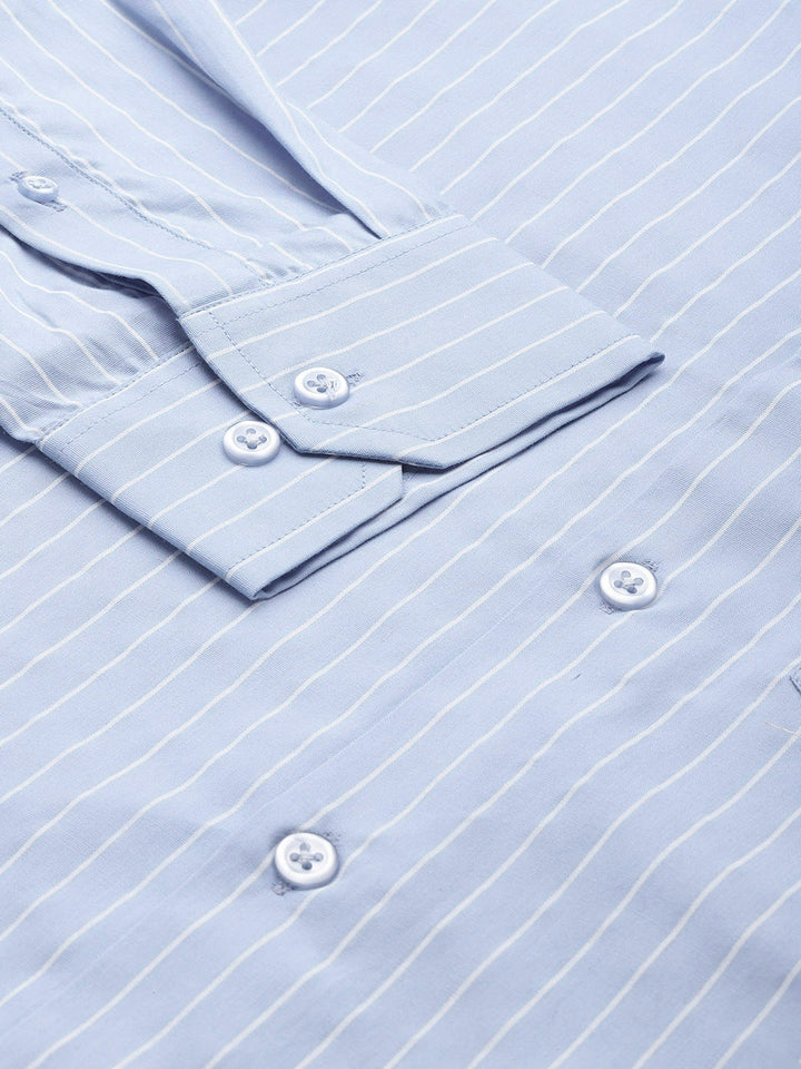 Men Blue Pure Cotton Striped Button Down Collar Slim Fit Formal Shirt