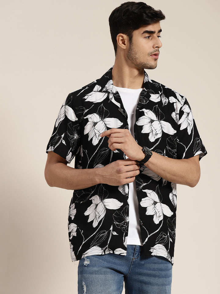 Men Black Printed Viscose Rayon Relaxed Fit Casual Resort Shirts