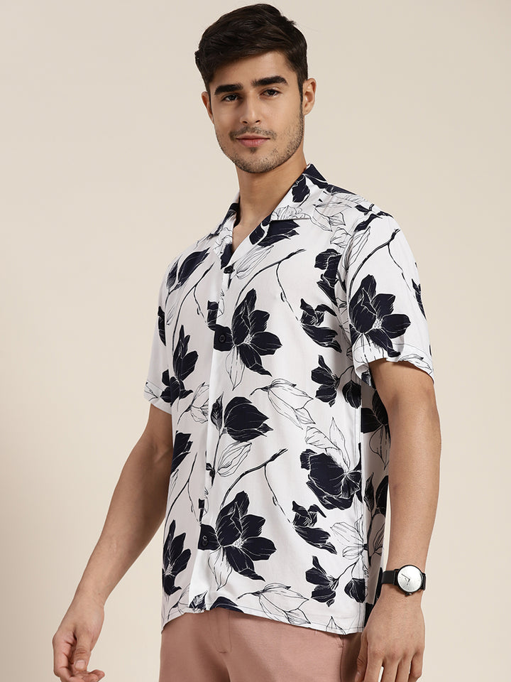 Men White Printed Viscose Rayon Relaxed Fit Casual Resort Shirt