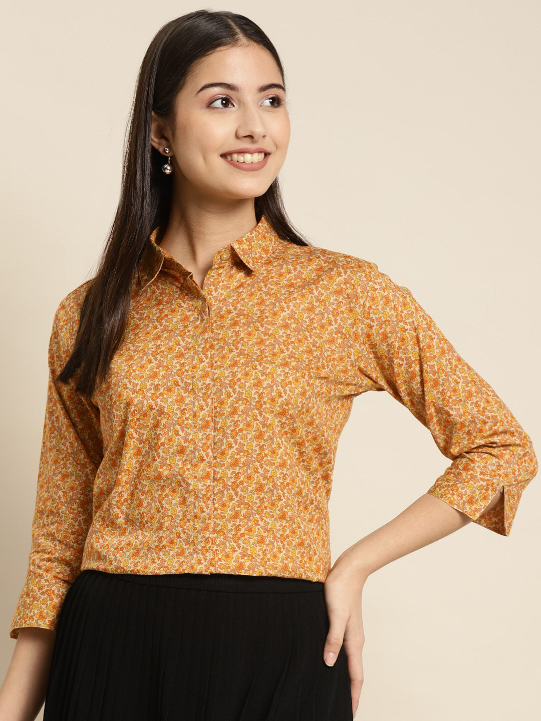 Women Beige & Yellow Printed Pure Cotton Regular Fit Formal Shirt