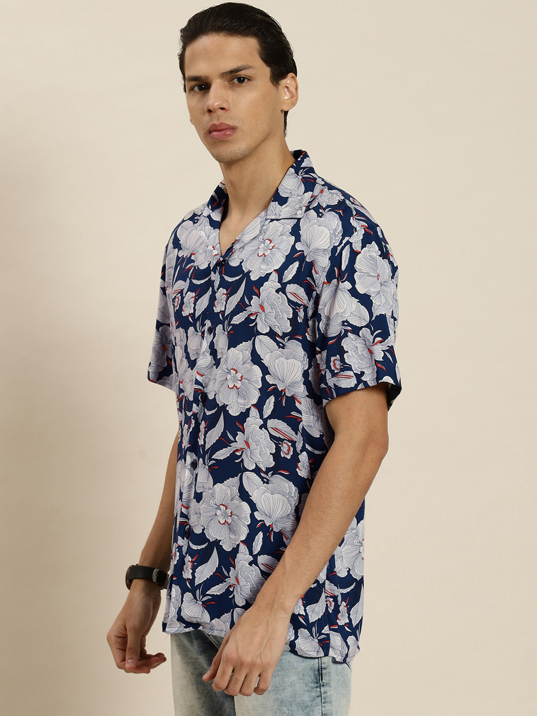 Men Navy & White Printed Viscose Rayon Regular Fit Casual Shirt