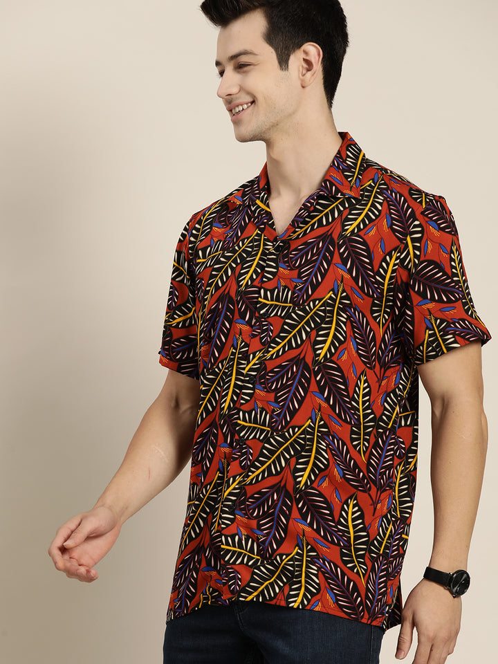 Men Black & Orange Prints Viscose Rayon Relaxed Fit Casual Resort shirt