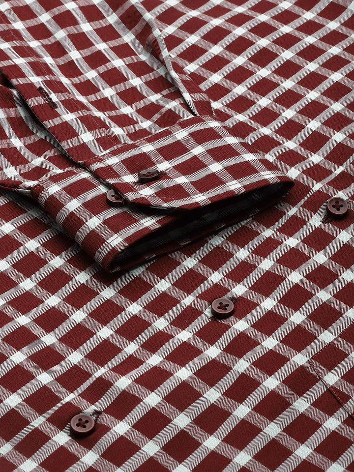 Men Maroon & Green Checks Pure Cotton Slim Fit Formal Shirt