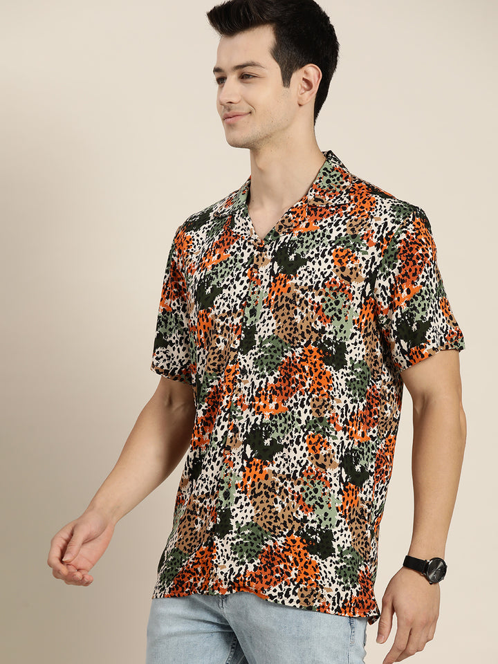 Men Mustard & Green Prints Viscose Rayon Relaxed Fit Casual Resort shirt