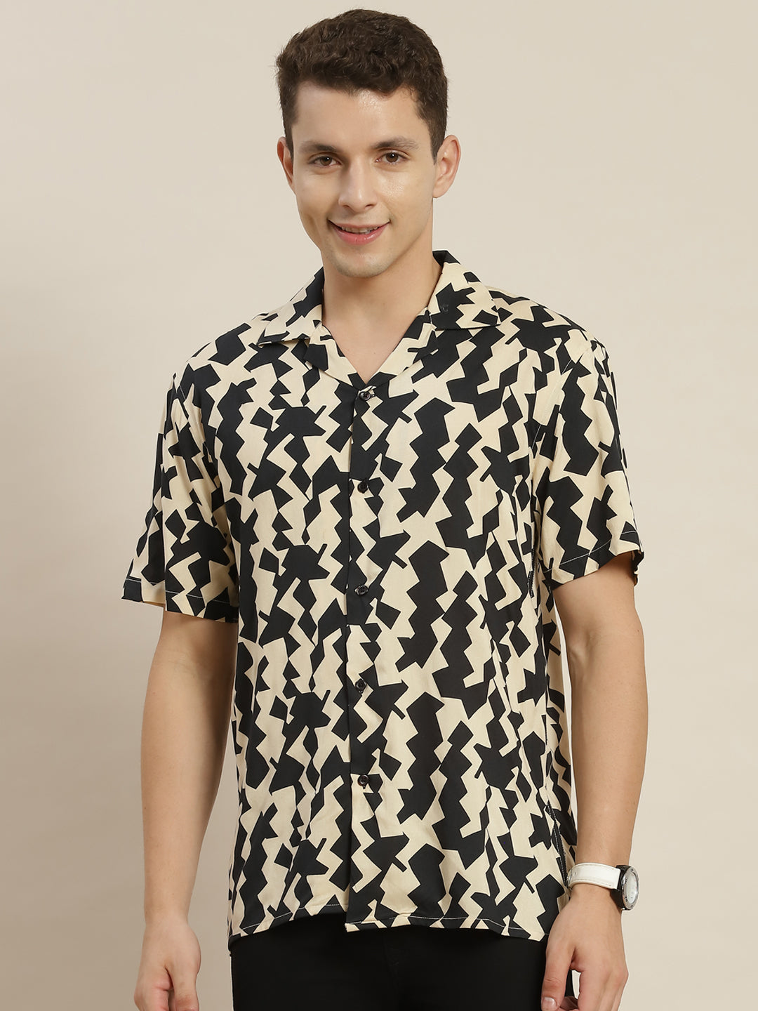 Men Black & Beige Printed Viscose Rayon Regular Fit Casual Resort Shirt