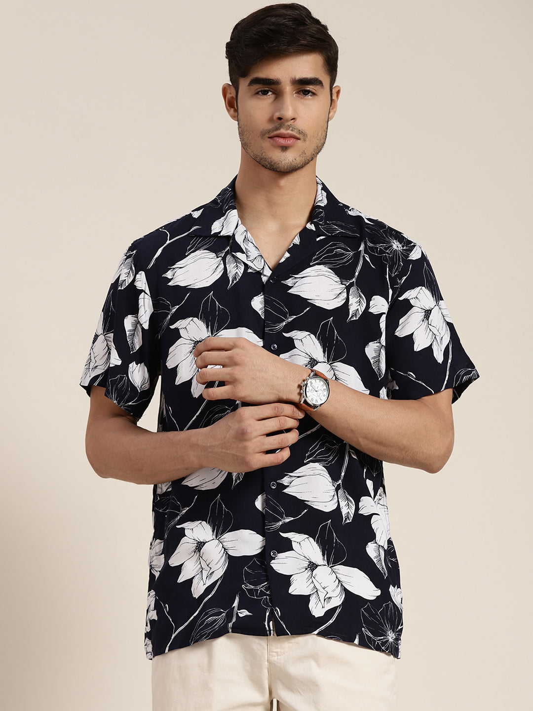 Men Navy Printed Viscose Rayon Relaxed Fit Casual Resort Shirt