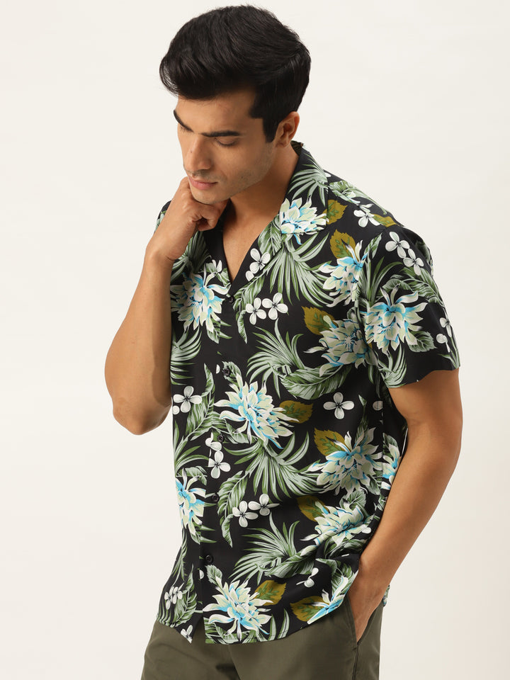 Men Black & Green Printed Viscose Rayon Relaxed Fit Casual Resort Shirt