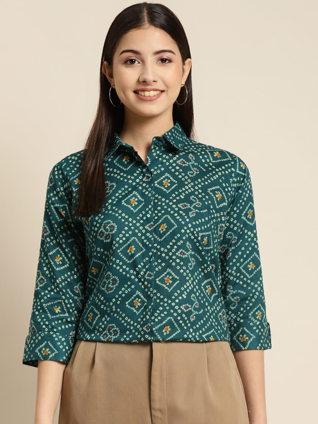 Women Green Printed Pure Cotton Regular Fit Formal Shirt