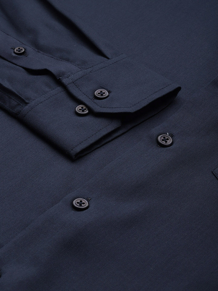 Men Navy Blue Pure Cotton Slim Fit Solid Formal Shirt
