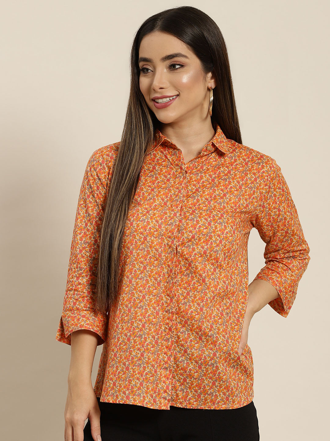 Women Beige & Orange Printed Pure Cotton Regular Fit Formal Shirt