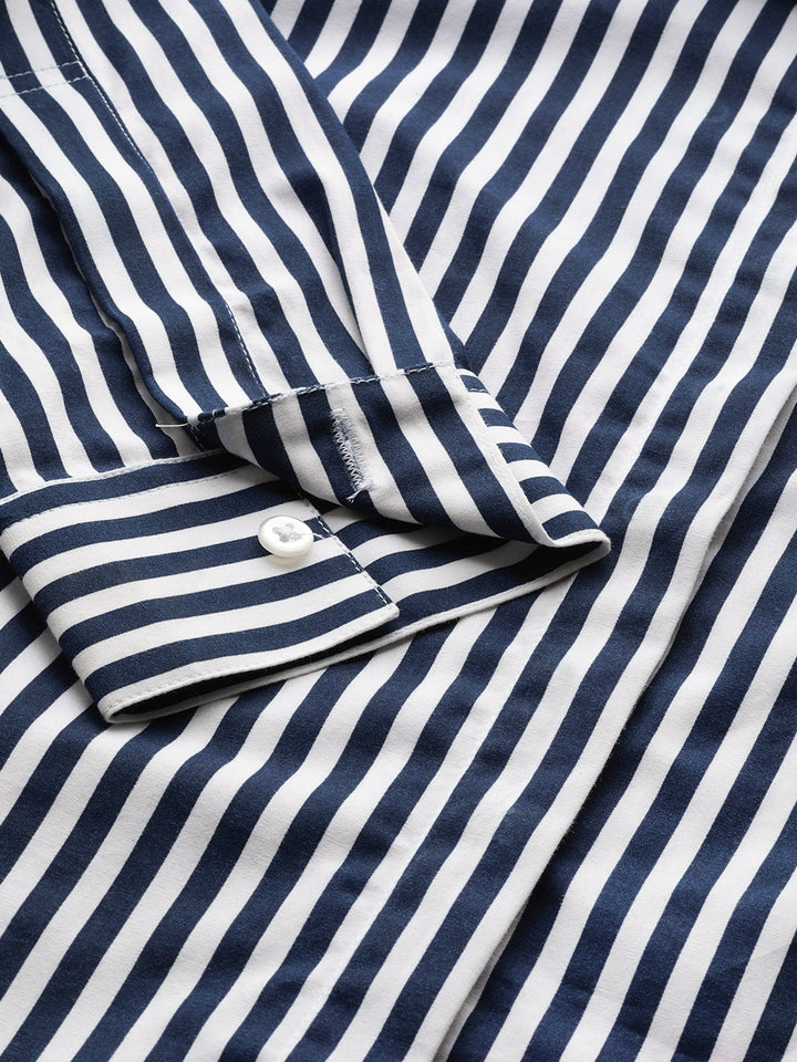 Women White & Navy Stripes Pure Cotton Slim Fit Formal Shirt
