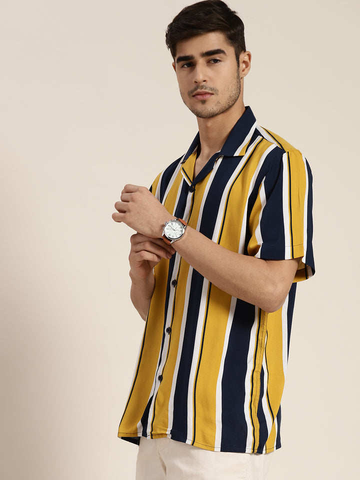 Men Navy & Mustard Striped Viscose Rayon Relaxed Fit Casual Resort Shirt