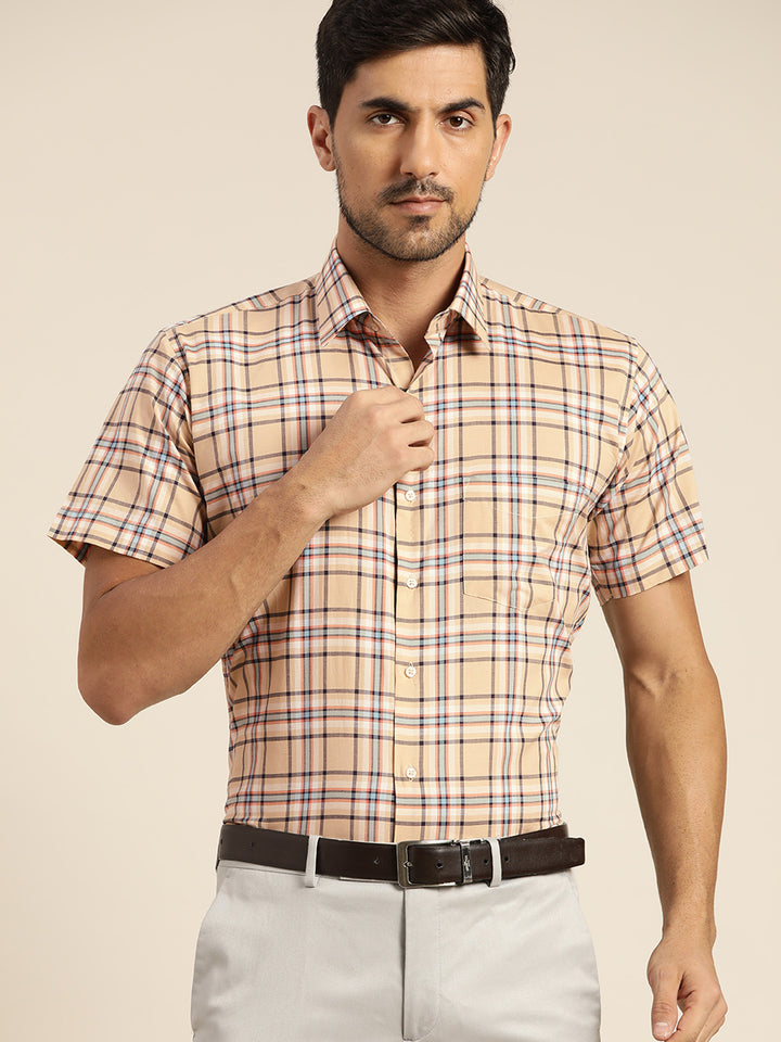 Men Beige Checked Pure Cotton Slim Fit Formal Shirt