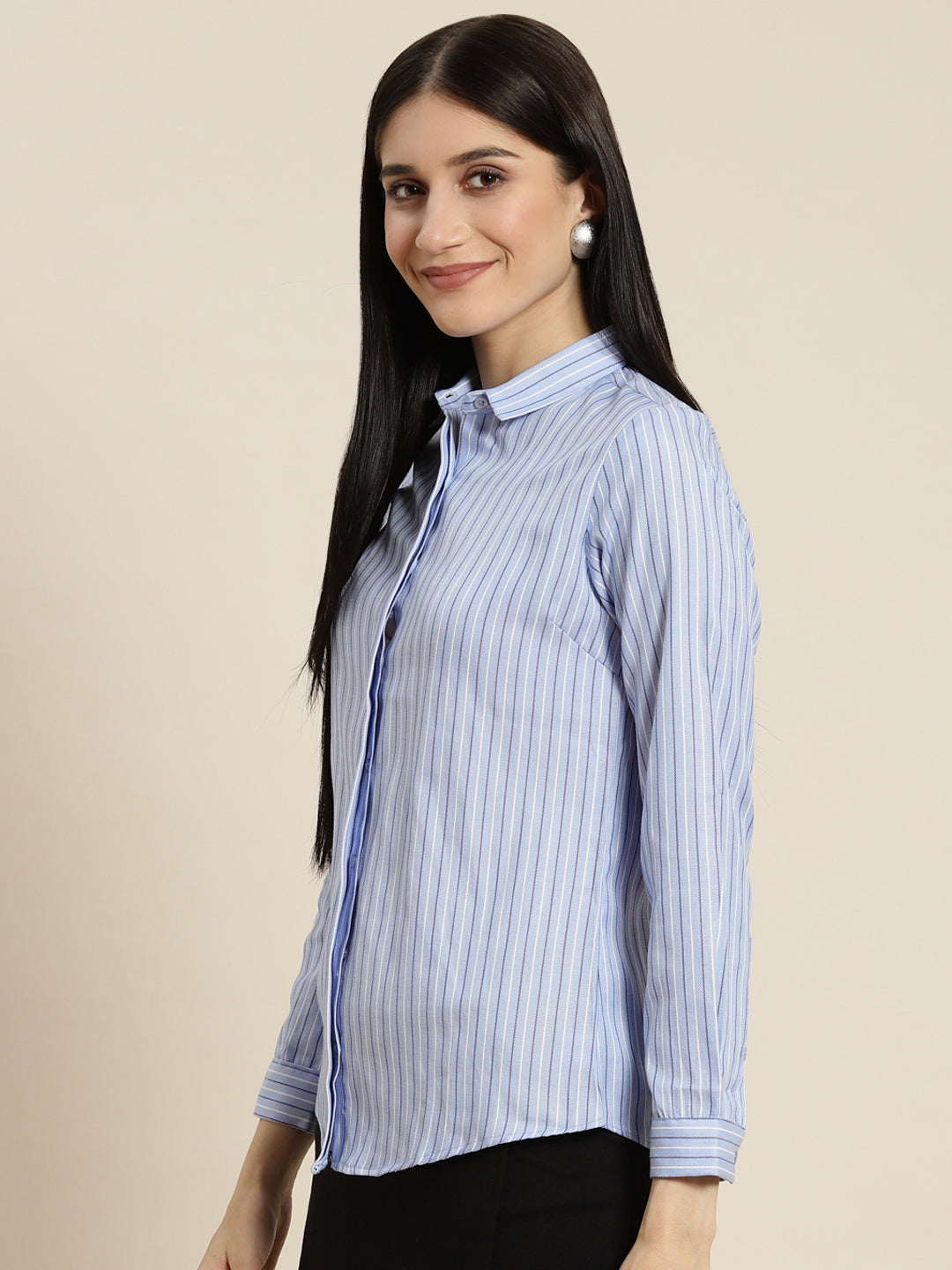 Women Blue Striped Cotton Rich Slim Fit Formal Shirt