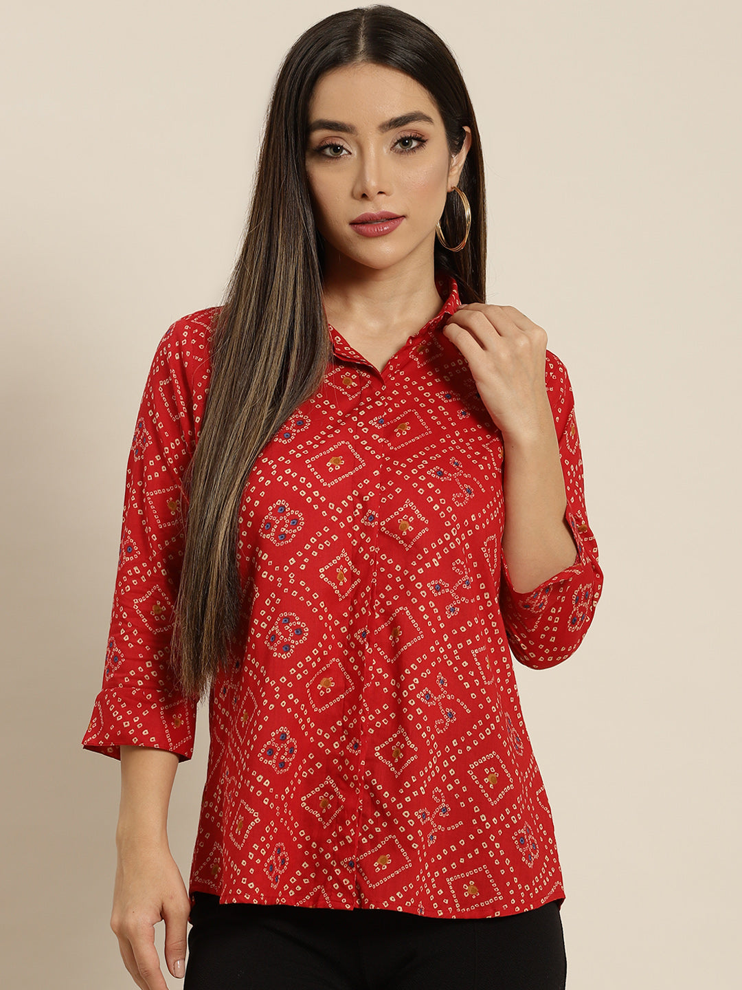 Women Red Printed Pure Cotton Regular Fit Formal Shirt