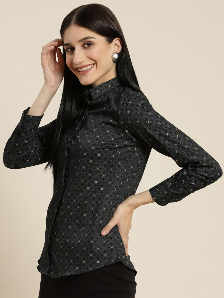 Women Black Printed Pure Cotton Slim Fit Formal Shirt