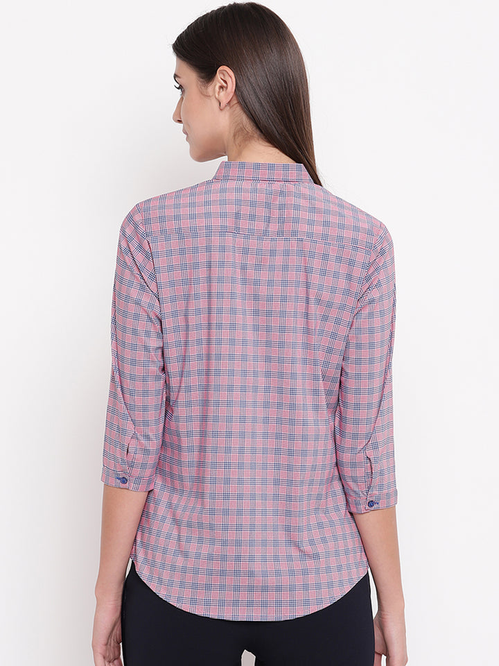 Women Pink & Blue Pure Cotton Checked Slim Fit Formal Shirt