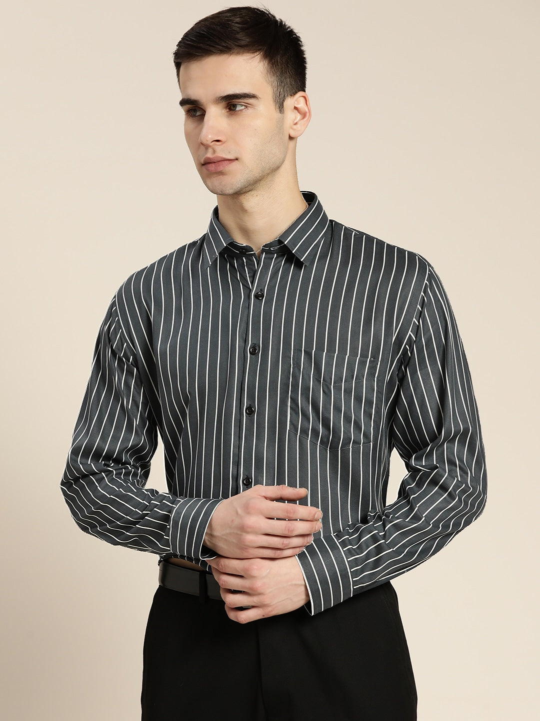 Men Grey Striped Pure Cotton Slim Fit Formal Shirt