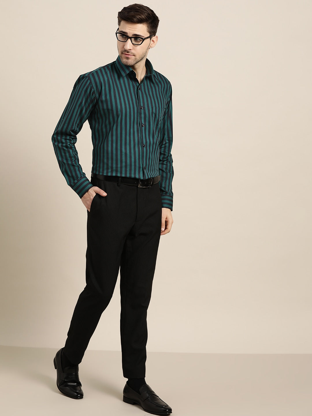 Men Green & Black Stripes Pure Cotton Slim Fit Formal Shirt