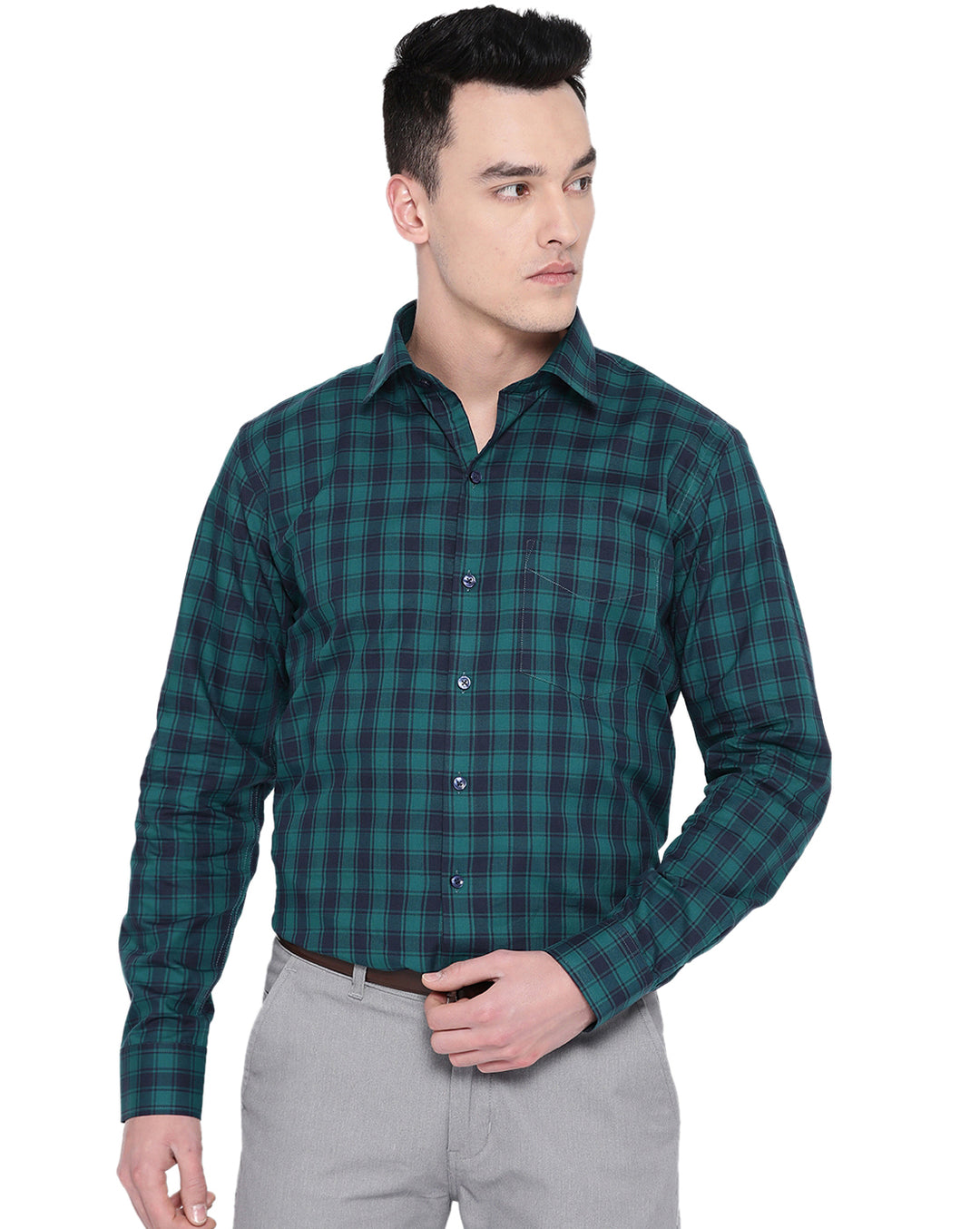 Men Green & Navy Cotton Checked Slim Fit Formal Shirt