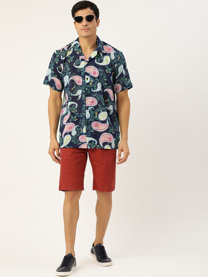 Men Navy Blue Printed Viscose Rayon Relaxed Fit Casual Resort Shirt