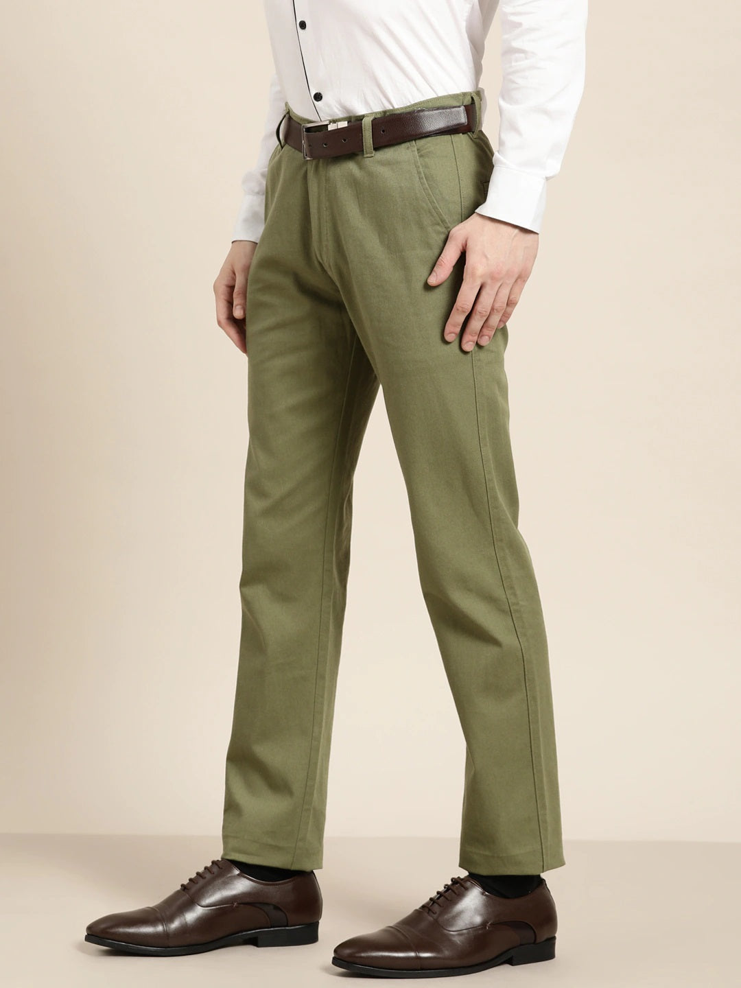 Men Olive Solids Pure Cotton Slim Fit Formal Trouser